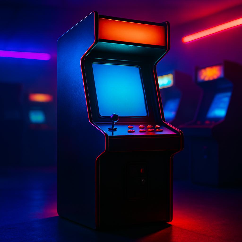 An arcade machine in a dark, neon-lit room with a blurry background.