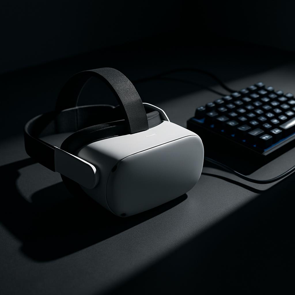The Oculus Quest 2 virtual reality headset, accompanied by a wireless controller keyboard, presents a cutting-edge gaming ...
