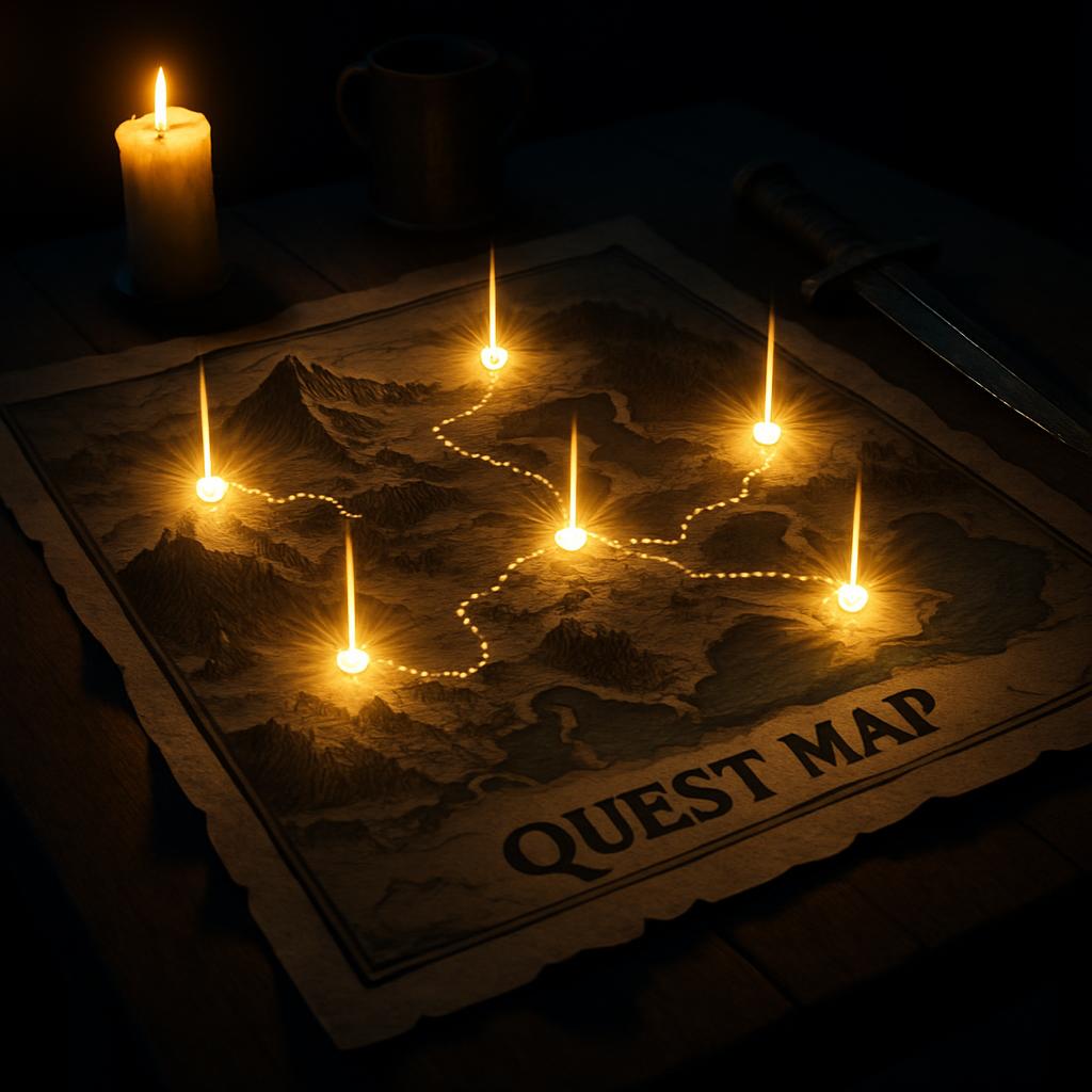 The alt text for the image is: "Quest map and swords on a wooden table, five lines with lights leading to different places...