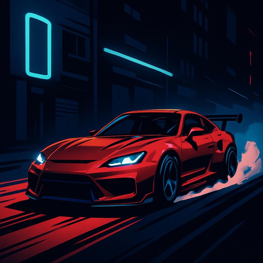 A red sports car navigating a foreboding city street set under a dark, neon-lit sky.