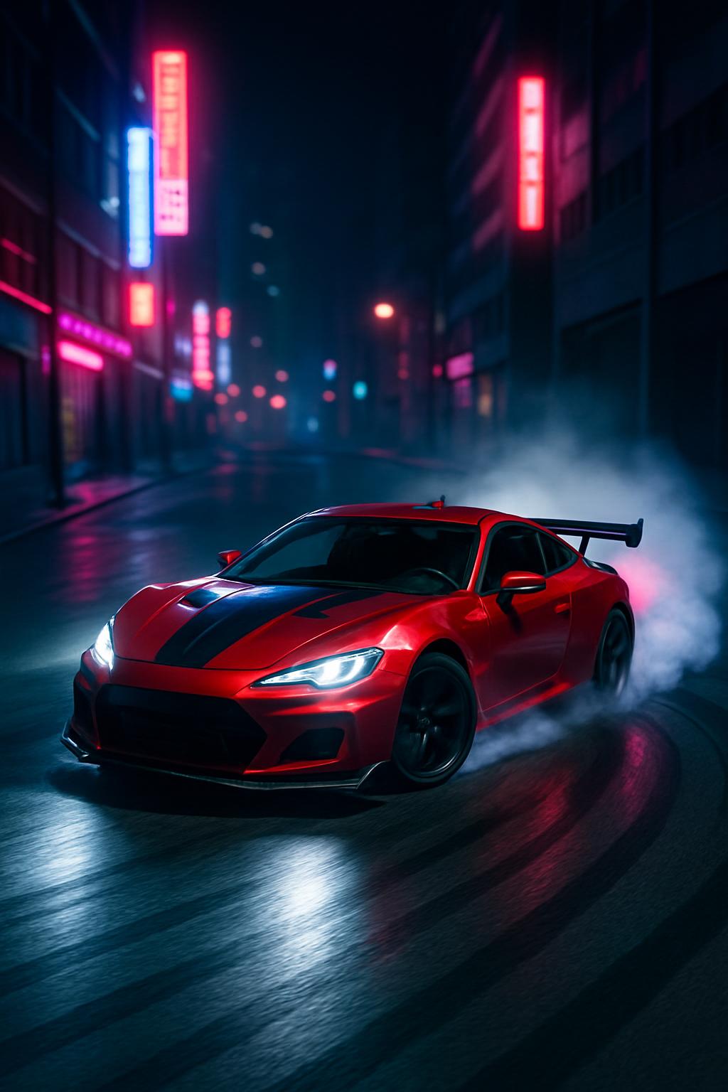 A red sports car driving at night in a city street, with neon lights and a dark background.