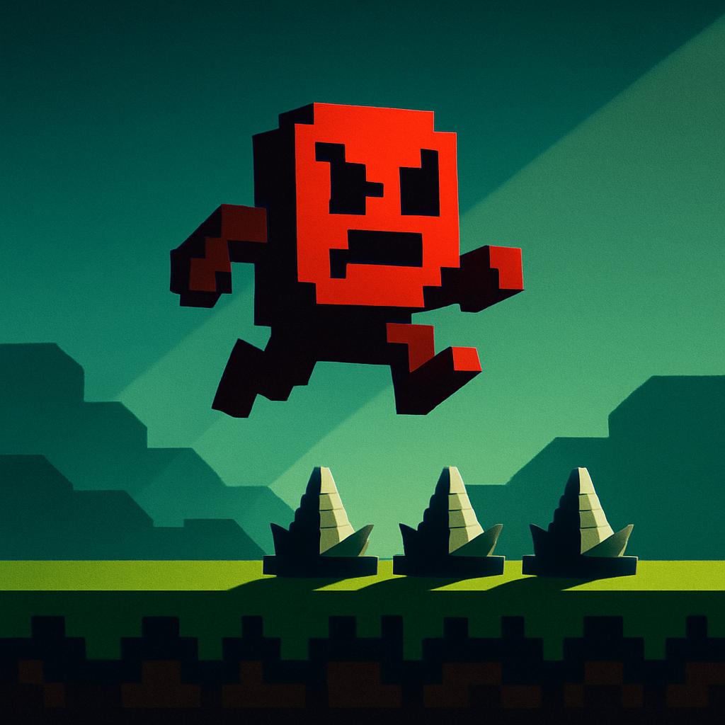 A pixelated character made of red cubes and black features runs left in the air above Stalactite Obstacles in a block-styl...